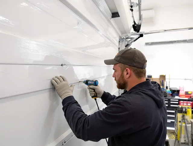 Altadena Garage Door Repair technician demonstrating precision dent removal techniques on a Altadena garage door